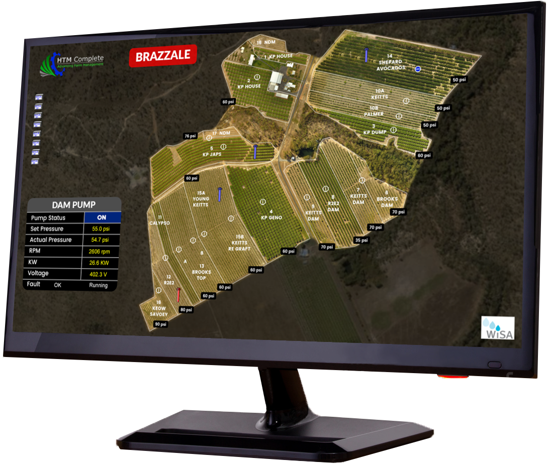 Computer with screenshot of readouts and farm map